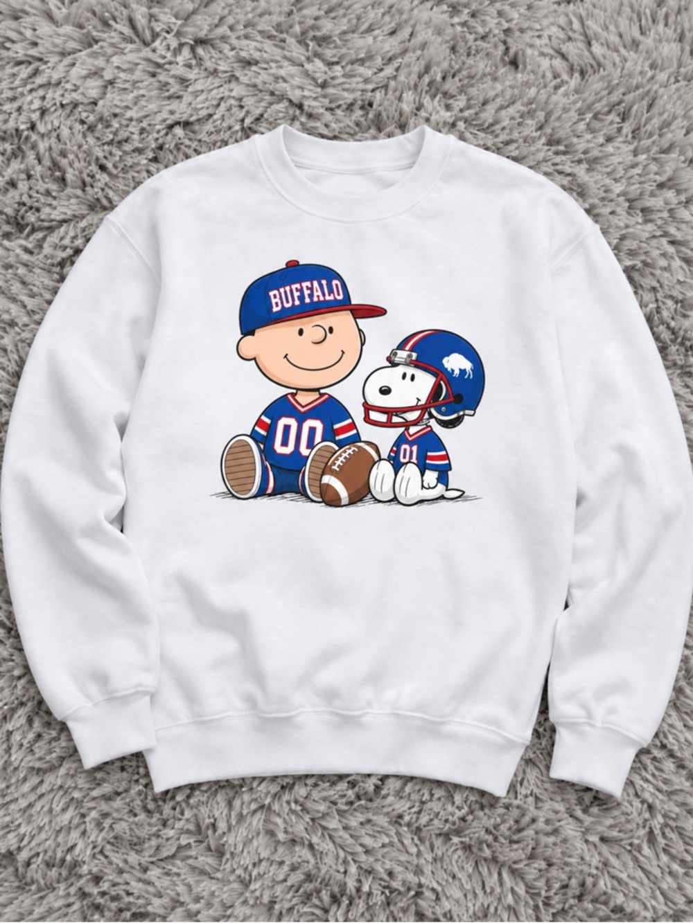 Buffalo Bills Charlie Brown and Snoopy Football White Crewneck Sweatshirt